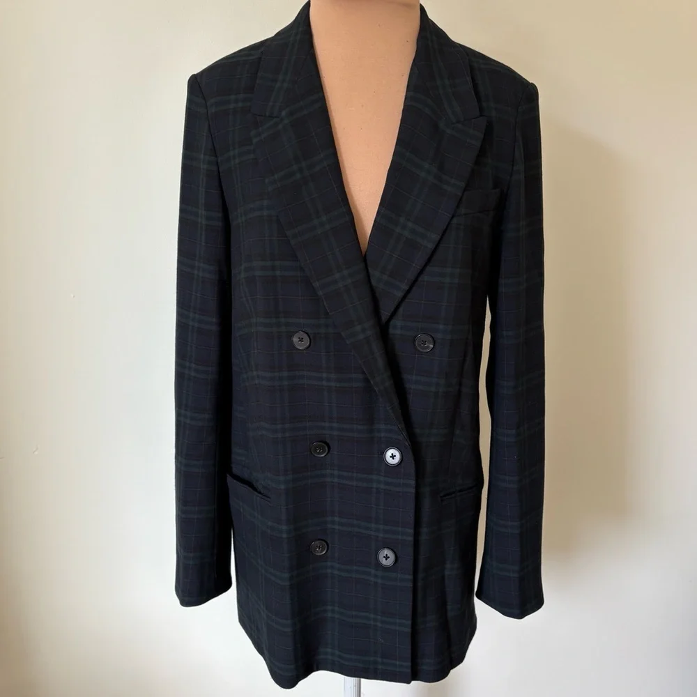 Aritzia Babaton Samuel Double Breasted Navy Everest Green Plaid Blazer Size 6